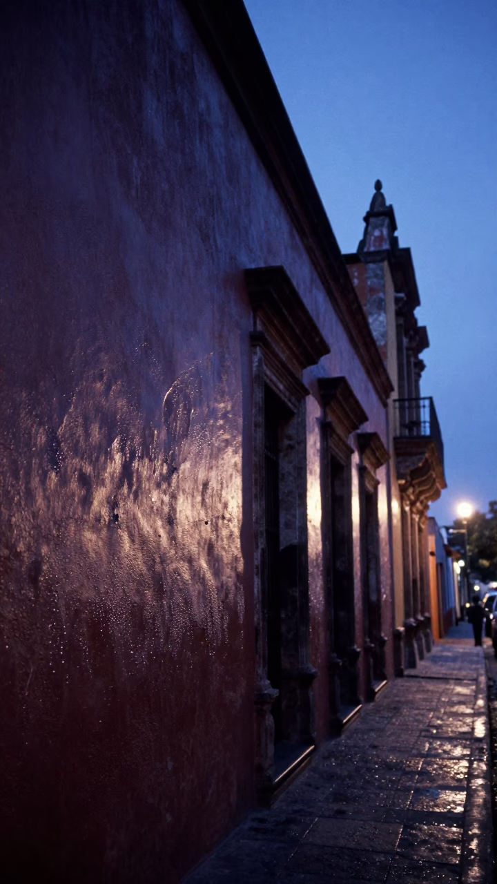 Indigo Twilight Street Scene in Mexico City with Condensation on Wall and Glass Carafe in in Mexico City, Mexico