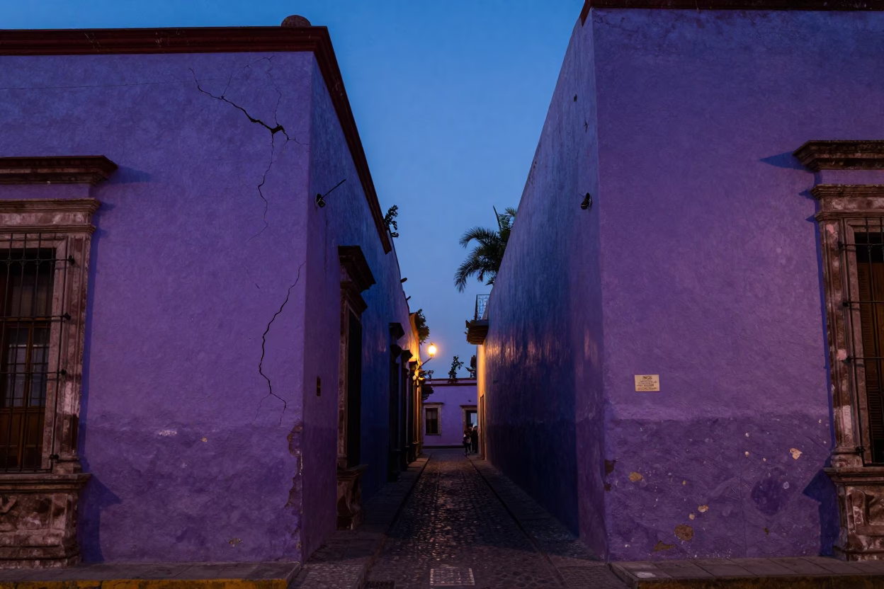 Indigo Twilight Street Scene in Mexico City with Cracked Stucco and Hurricane Lamp in in Mexico City, Mexico