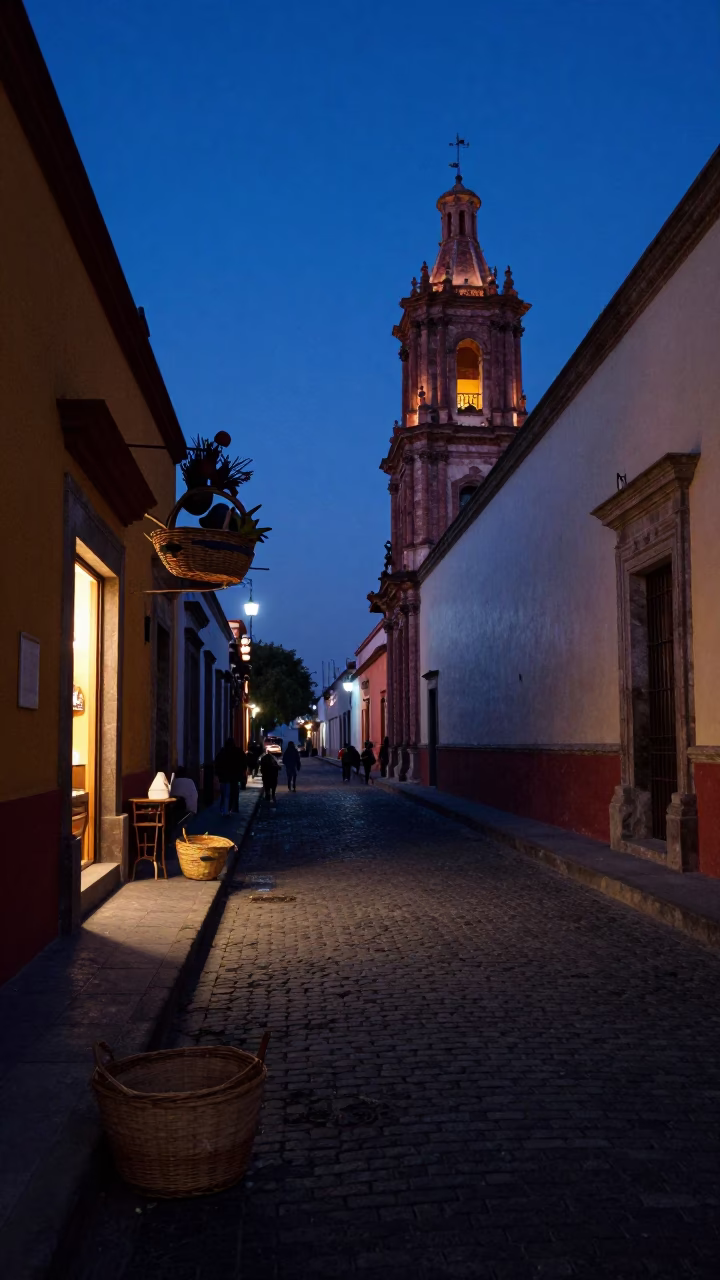 Indigo Twilight Street Scene in Mexico City with Mending Basket and Window Light in in Mexico City, Mexico