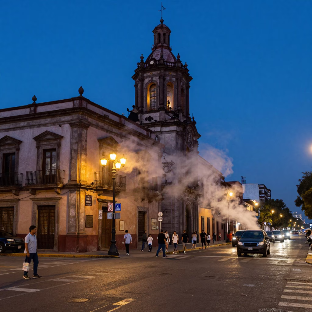 Indigo Twilight Street Scene in Mexico City with Steam and Everyday Objects in in Mexico City, Mexico