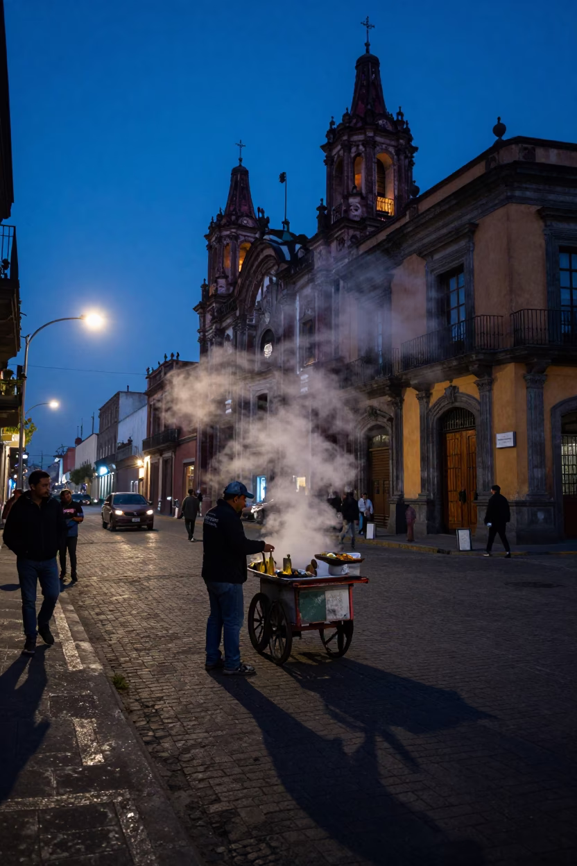 Indigo Twilight Street Scene in Mexico City with Steam Haze and Twine Fibers in in Mexico City, Mexico