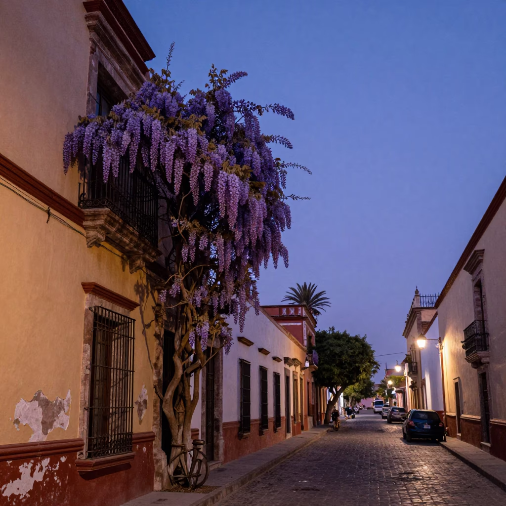 Indigo Twilight Street Scene in Mexico City with Wisteria and Vintage Automobile in in Mexico City, Mexico