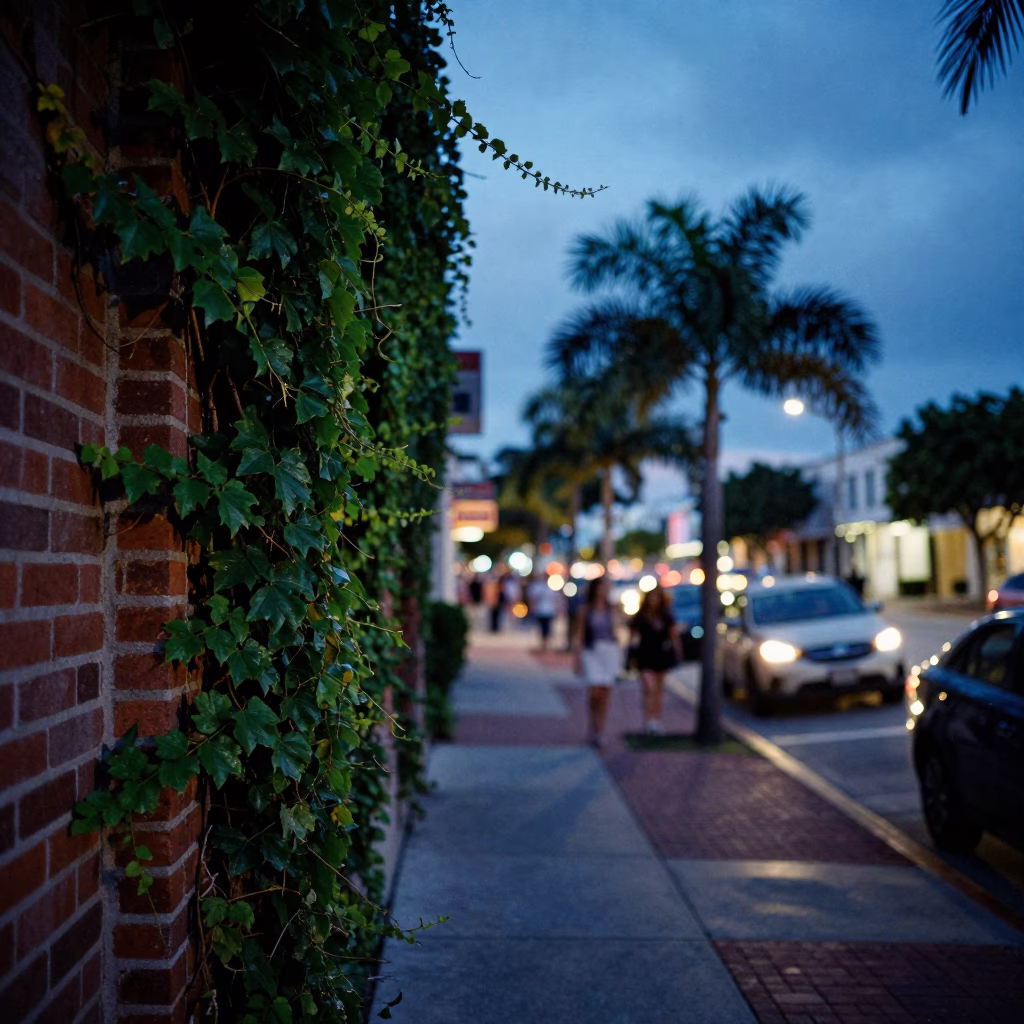 Indigo Twilight Street Scene in Miami Florida with Brick Wall Ivy and Littered Sidewalk in in Miami, Florida, United States