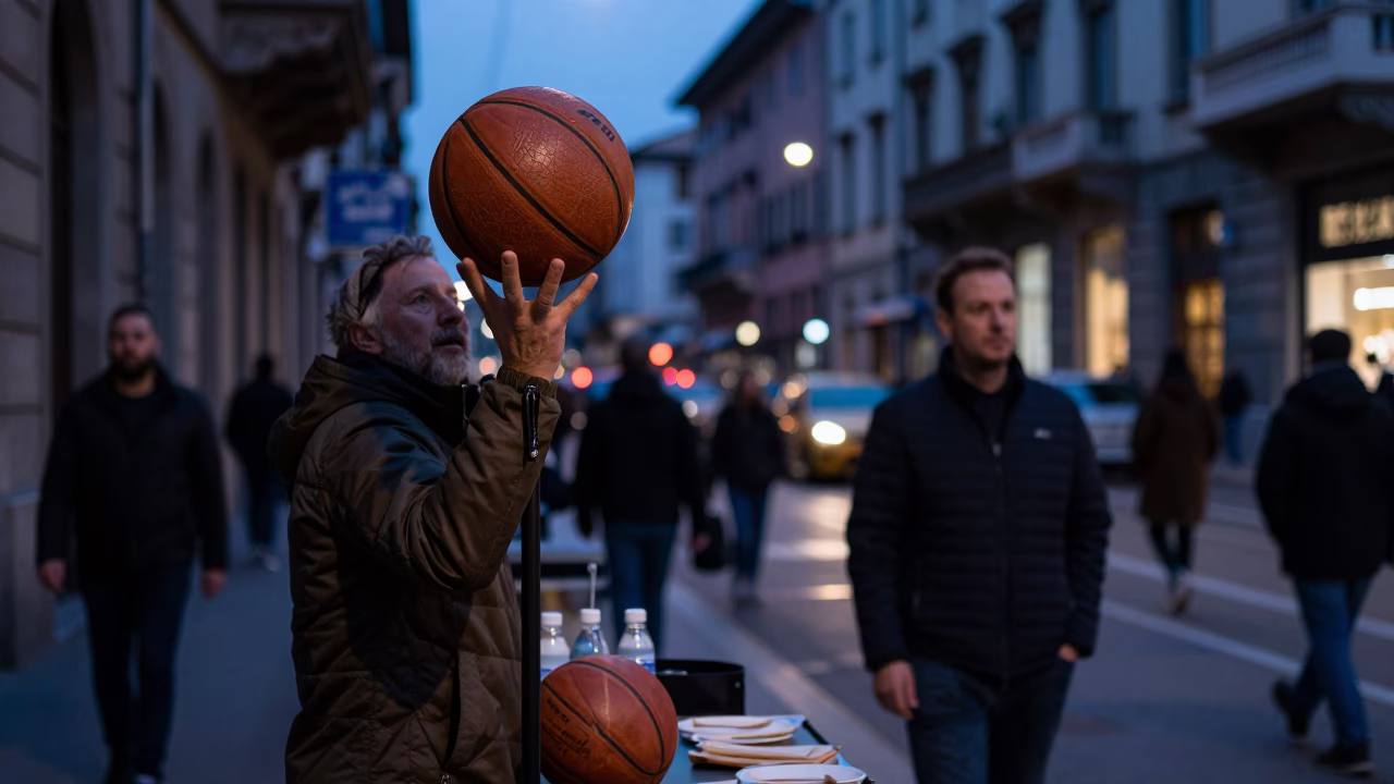 Indigo Twilight Street Scene in Milan Italy with Leather Basketball and Magazine Rack in in Milan, Italy