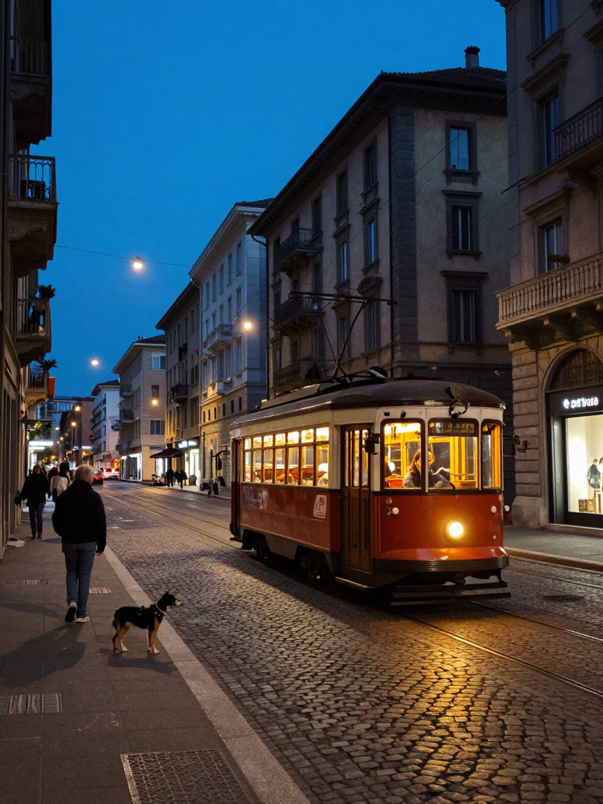 Indigo Twilight Street Scene in Milan Italy with Tram and Dog in in Milan, Italy