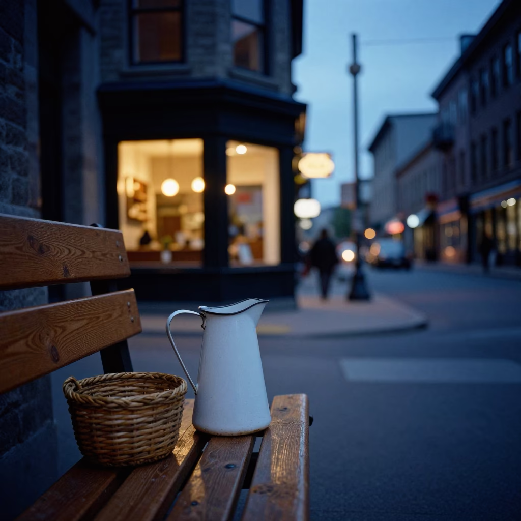 Indigo Twilight Street Scene in Montreal Quebec Canada with Enamel Pitcher and Peg Basket in in Montreal, Quebec, Canada