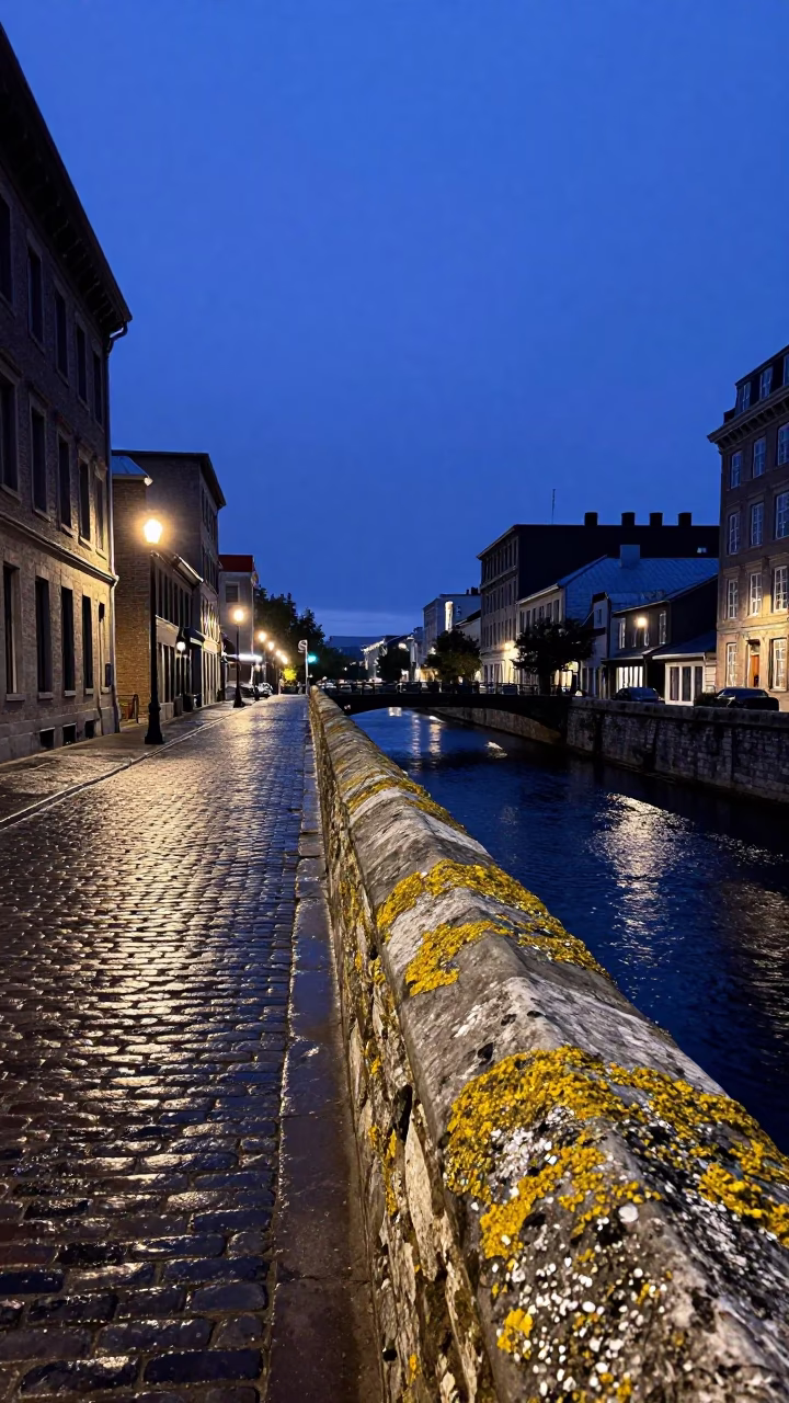 Indigo Twilight Street Scene in Montreal Quebec with Lichen Parapets and Urban Architecture in in Montreal, Quebec, Canada