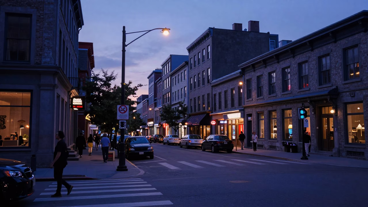 Indigo Twilight Street Scene in Montreal Quebec with Vintage 1980s Aesthetic and Urban Details in in Montreal, Quebec, Canada