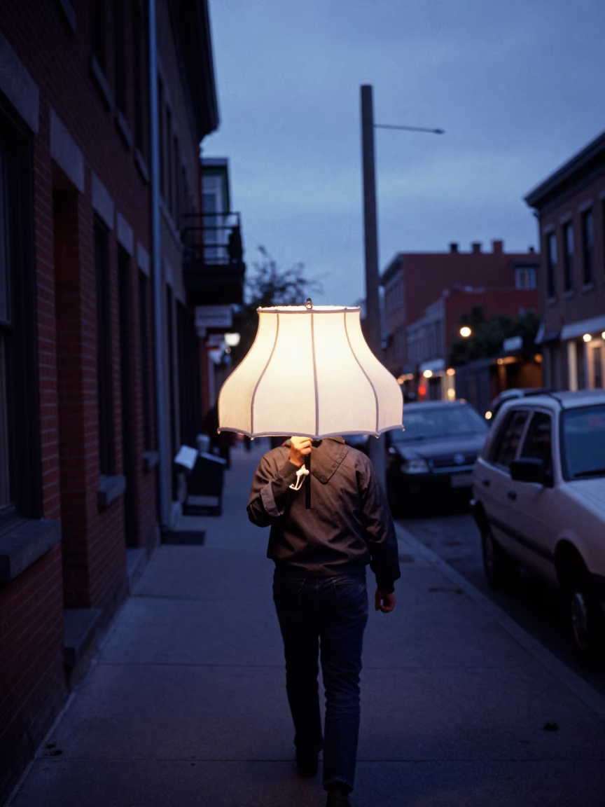 Indigo Twilight Street Scene in Montreal Quebec with Vintage Lampshade and Tailor Shears in in Montreal, Quebec, Canada