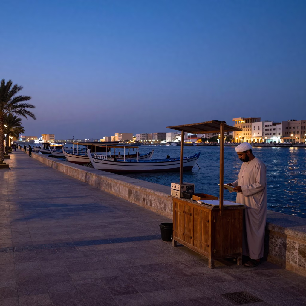 Indigo Twilight Street Scene in Muscat Oman with Clipboard and Local Interaction in in Muscat, Oman