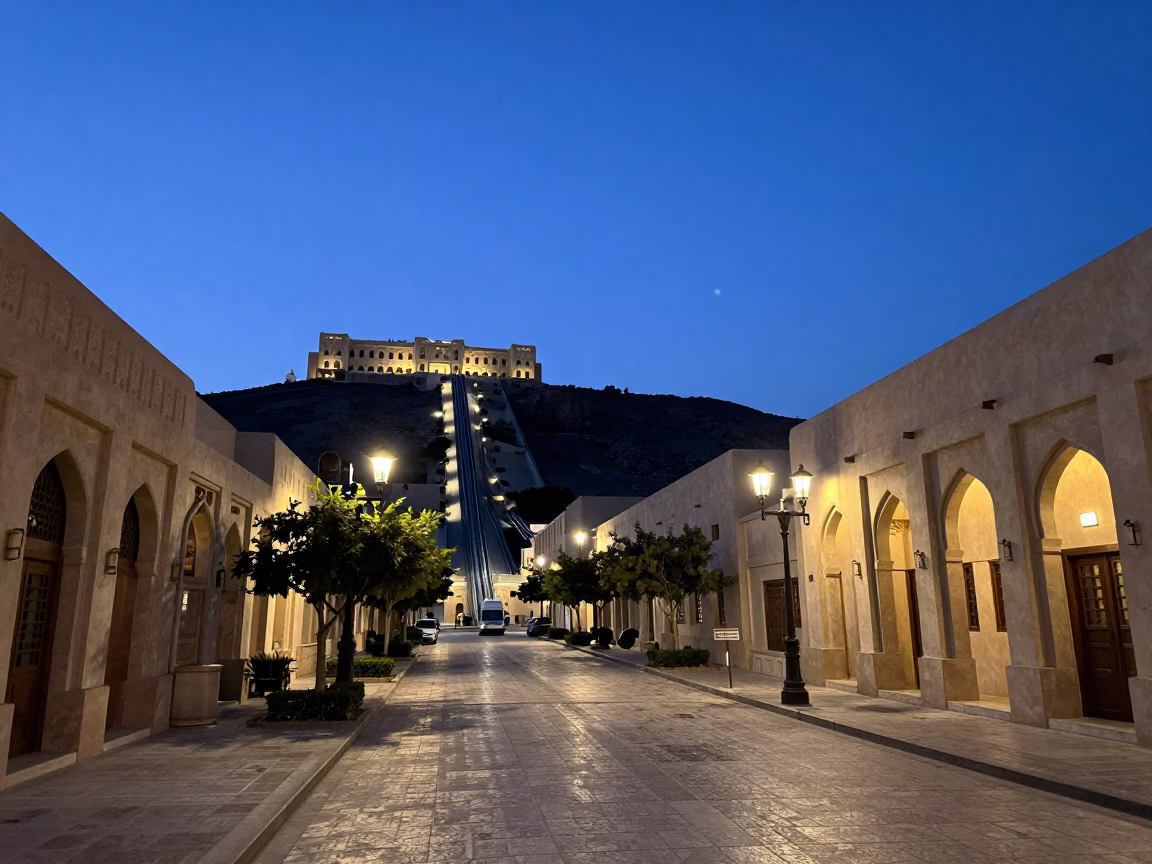 Indigo Twilight Street Scene in Muscat Oman with Funicular Hill Climb in in Muscat, Oman