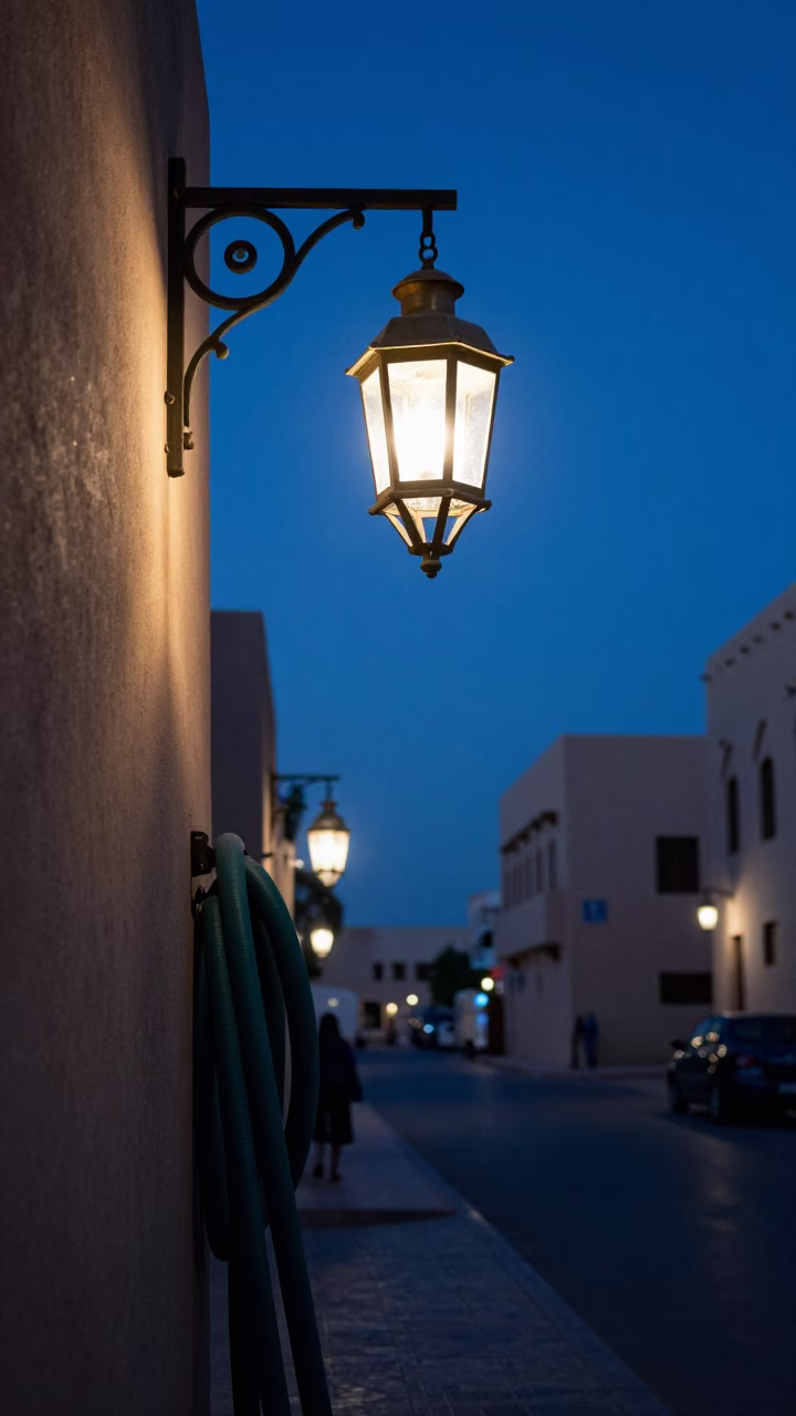 Indigo Twilight Street Scene in Muscat Oman with Lantern and Hose Nozzle in in Muscat, Oman