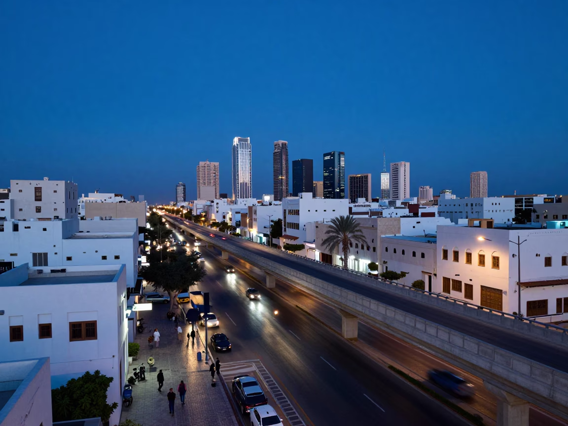 Indigo Twilight Street Scene in Muscat Oman with Overpass Taillight Streaks and Local Life in in Muscat, Oman