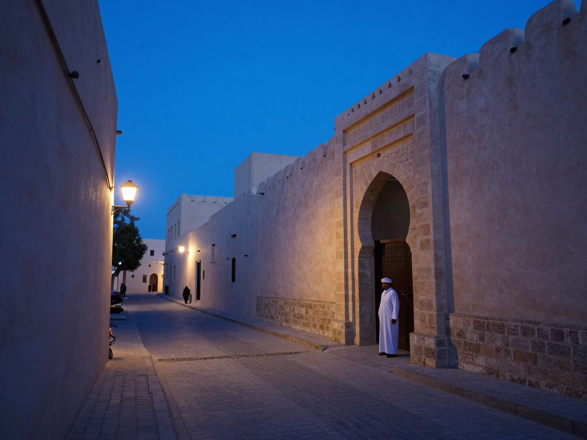 Indigo Twilight Street Scene in Muscat Oman with Sun Hats and Stone Architecture in in Muscat, Oman