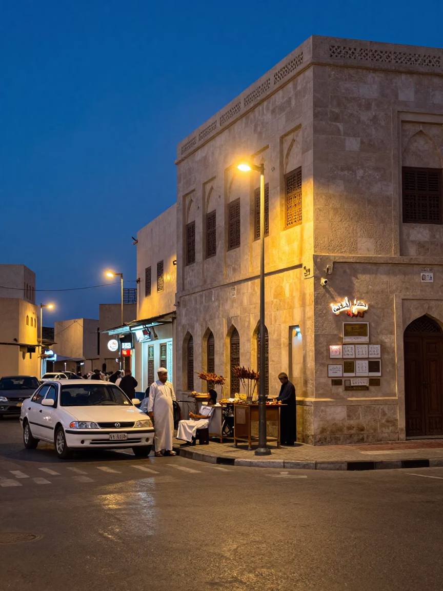 Indigo Twilight Street Scene in Muscat Oman with Suya Skewers and Local Life in in Muscat, Oman