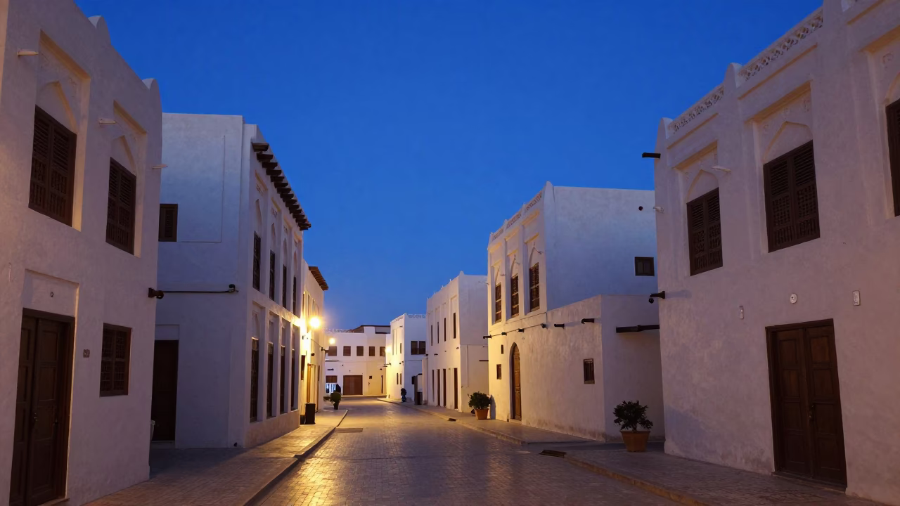 Indigo Twilight Street Scene in Muscat Oman with Traditional Architecture and Local Life in in Muscat, Oman