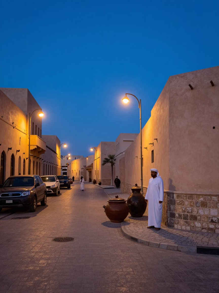 Indigo Twilight Street Scene in Muscat Oman with Traditional Pot and Modern Architecture in in Muscat, Oman
