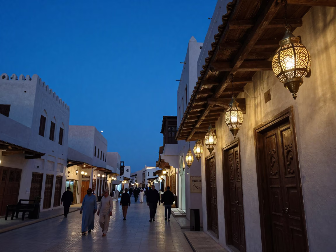 Indigo Twilight Street Scene in Muscat Oman with Traditional Souq Lanterns and Local Traffic in in Muscat, Oman