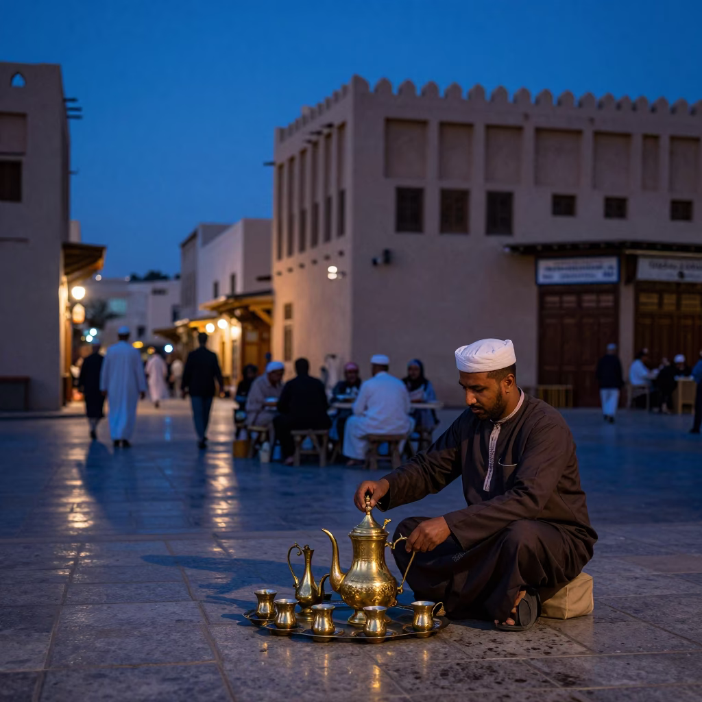 Indigo Twilight Street Scene in Muscat Oman with Traditional Tea Service and Urban Architecture in in Muscat, Oman
