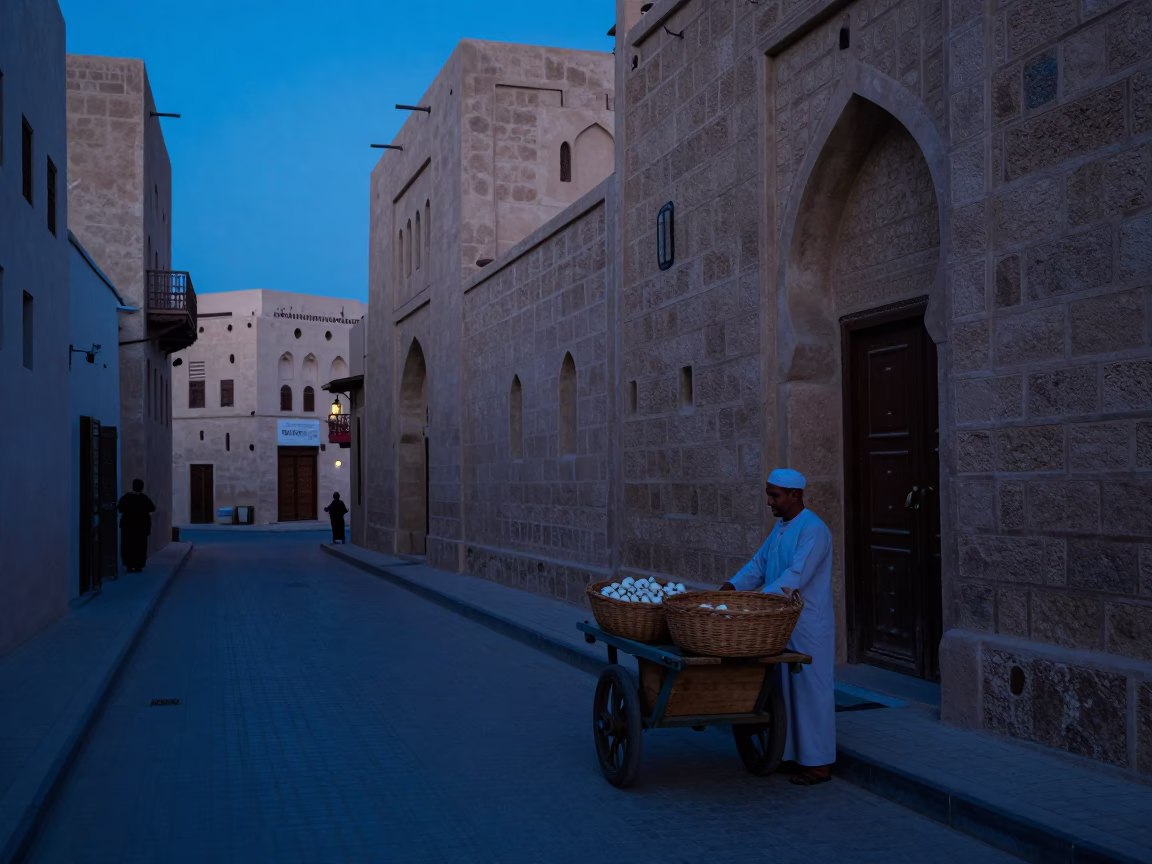 Indigo Twilight Street Scene in Muscat Oman with Wicker Basket and Jade Plant Bonsai in in Muscat, Oman