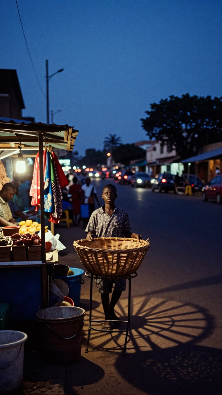 Indigo Twilight Street Scene in Nairobi Kenya with Wicker Shadow and Lemons in in Nairobi, Kenya