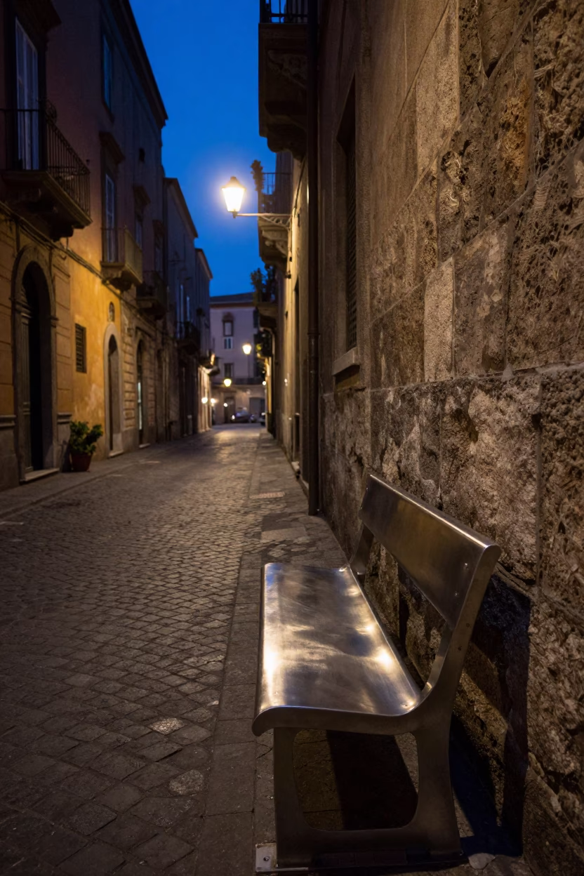 Indigo Twilight Street Scene in Naples Italy with Brushed Steel Bench and Urban Details in in Naples, Italy