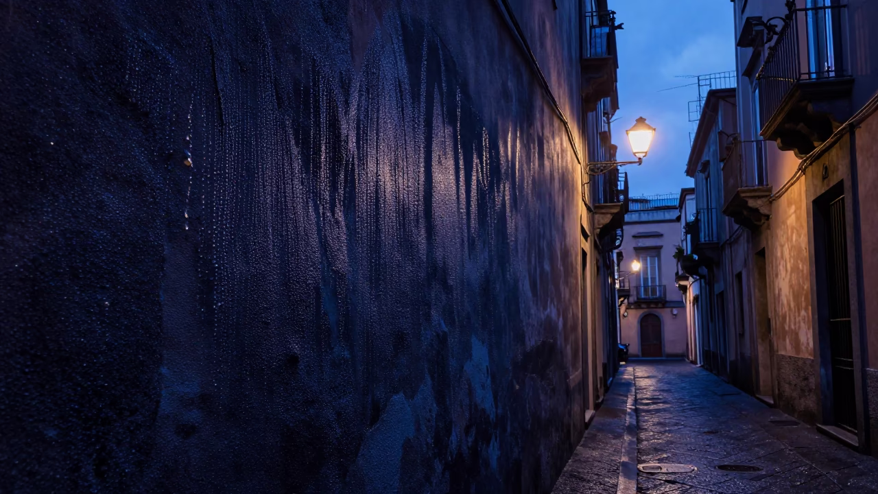 Indigo Twilight Street Scene in Naples Italy with Condensation on Wall and Ceramic Mugs in in Naples, Italy
