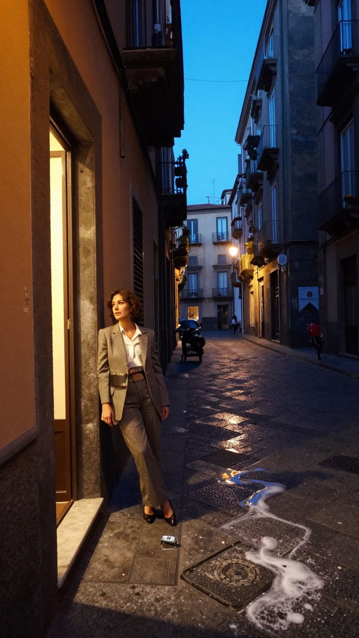 Indigo Twilight Street Scene in Naples Italy with Soap Residue and Vintage Fashion in in Naples, Italy