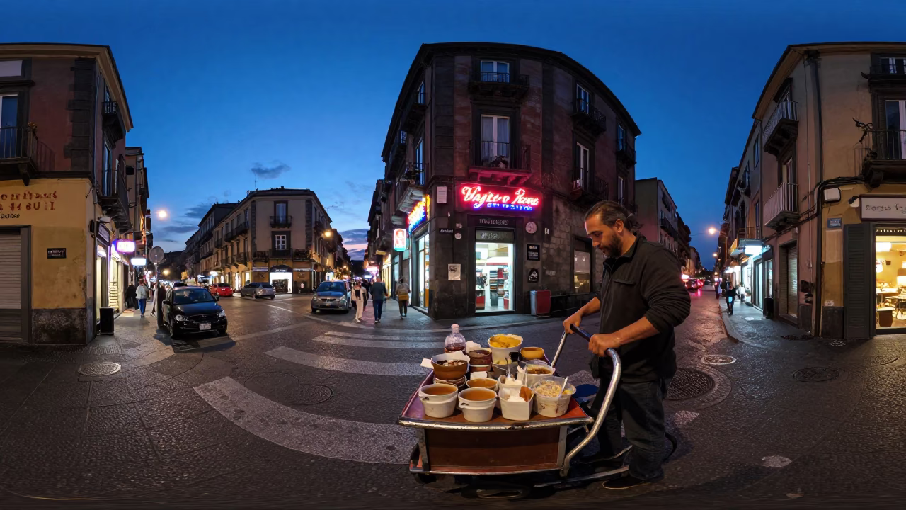 Indigo Twilight Street Scene in Naples Italy with Vendor and Urban Details in in Naples, Italy