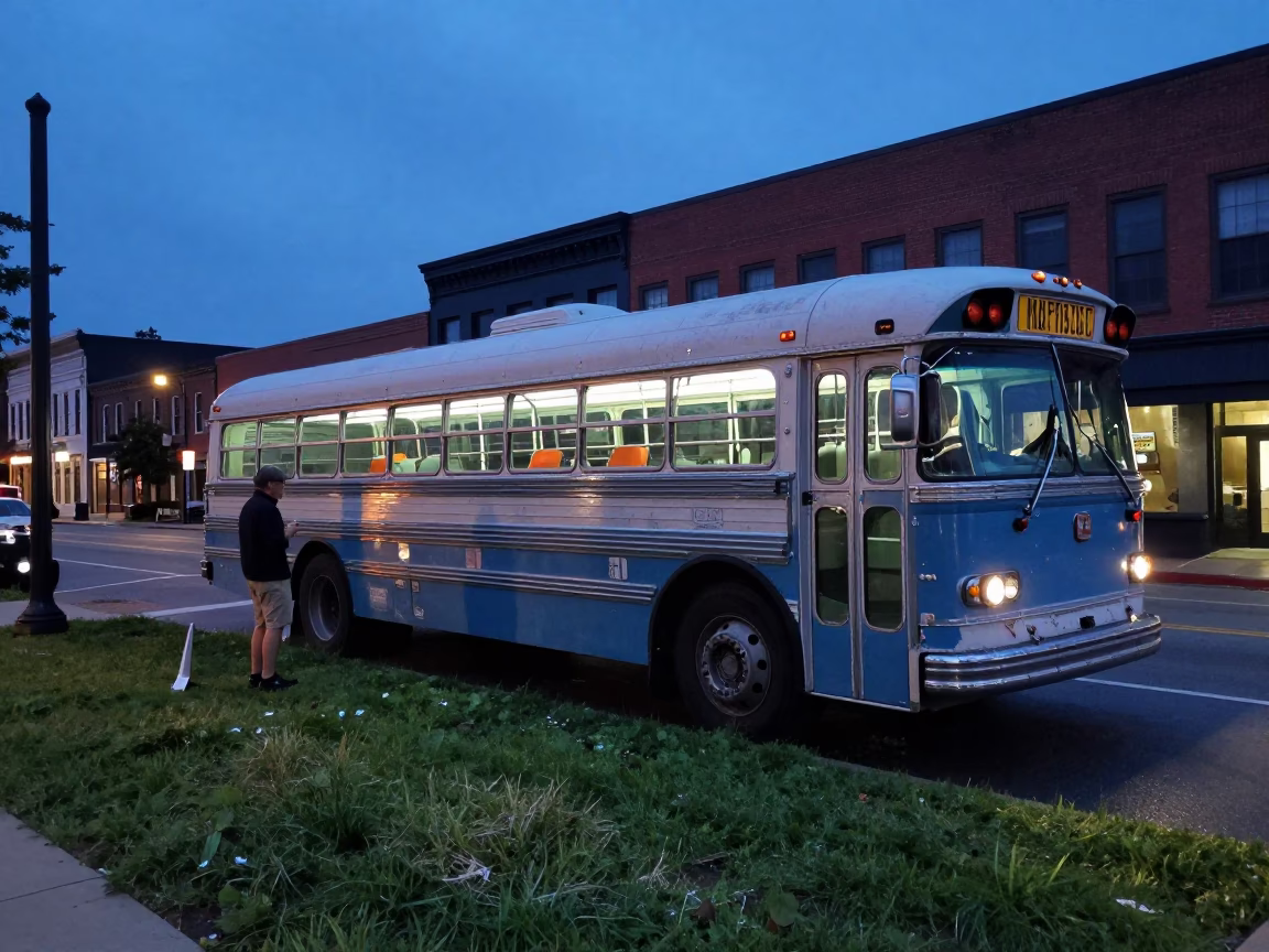 Indigo Twilight Street Scene in Nashville Tennessee with Vintage Bus and Local Activity in in Nashville, Tennessee, United States