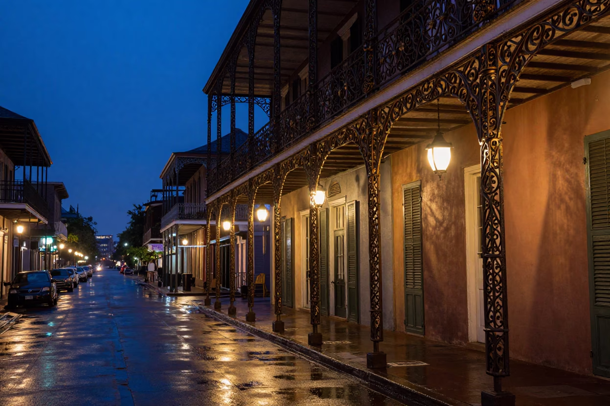 Indigo Twilight Street Scene in New Orleans Louisiana with Brass Details and Local Life in in New Orleans, Louisiana, United States