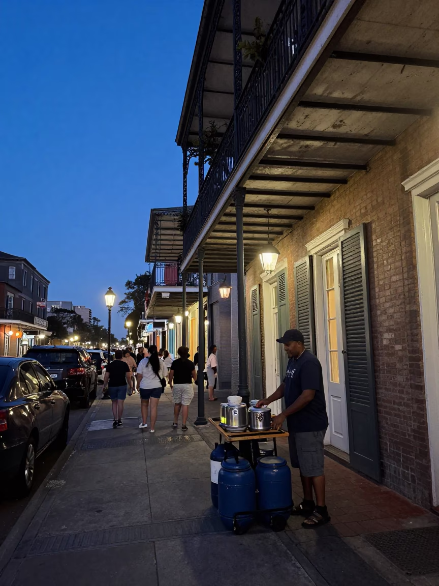 Indigo Twilight Street Scene in New Orleans Louisiana with Canisters and Amulet in in New Orleans, Louisiana, United States