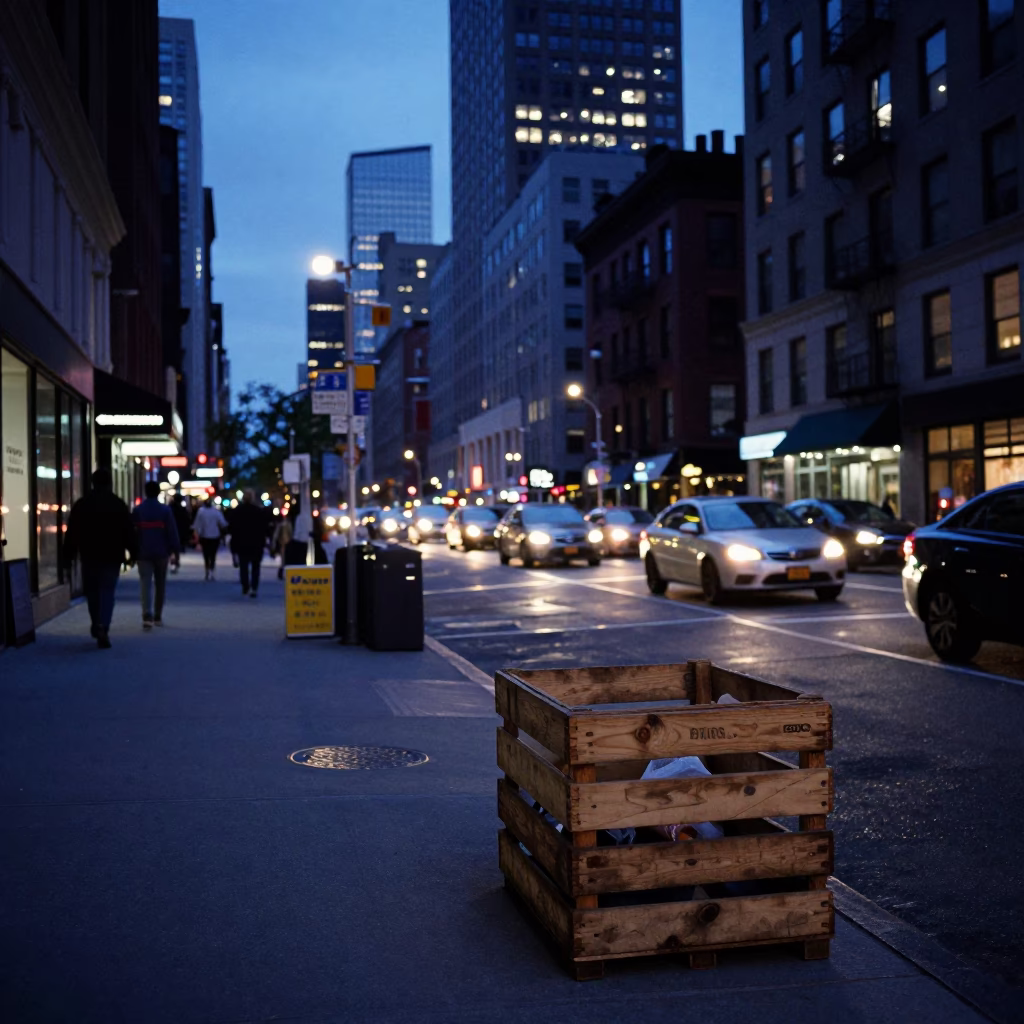 Indigo Twilight Street Scene in New York City with Crate and Candlestick in in New York, New York, United States