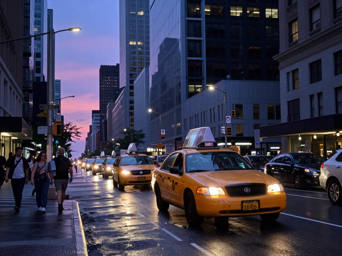Indigo Twilight Street Scene in New York City with Urban Elements in in New York, New York, United States