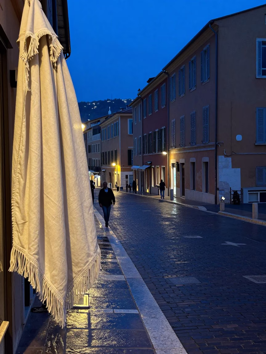 Indigo Twilight Street Scene in Nice France with Linen Fringe Detail in in Nice, France