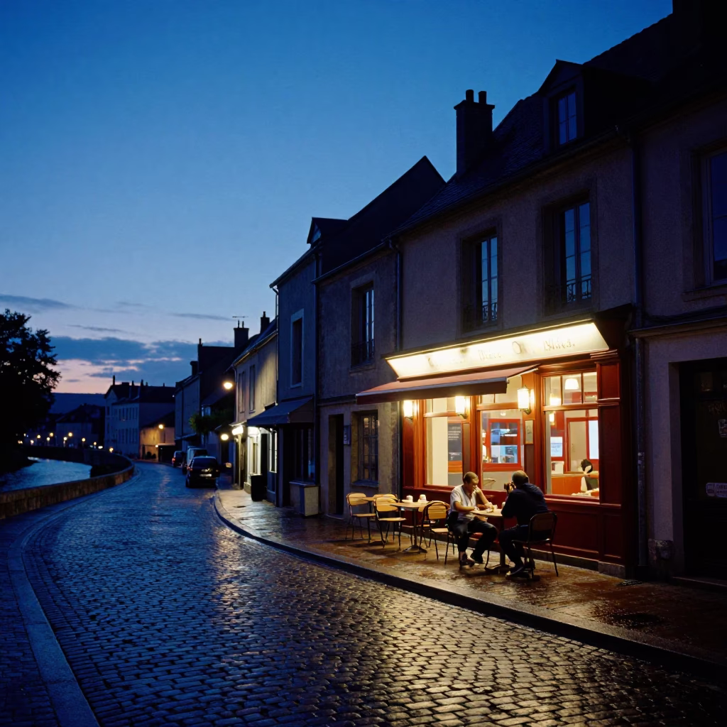 Indigo Twilight Street Scene in Nice France with Local Diner and Spice Jar in in Nice, France