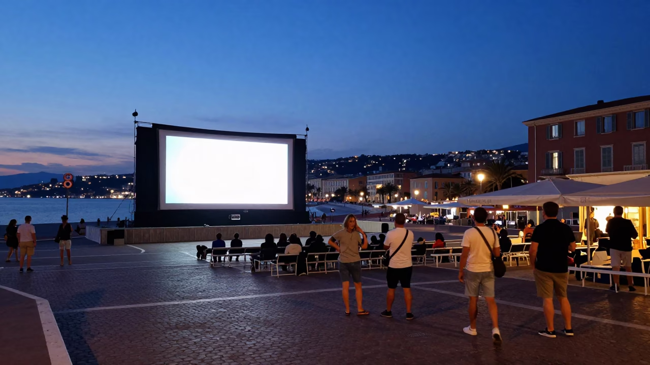 Indigo Twilight Street Scene in Nice France with Outdoor Cinema and Vintage Catamaran in in Nice, France
