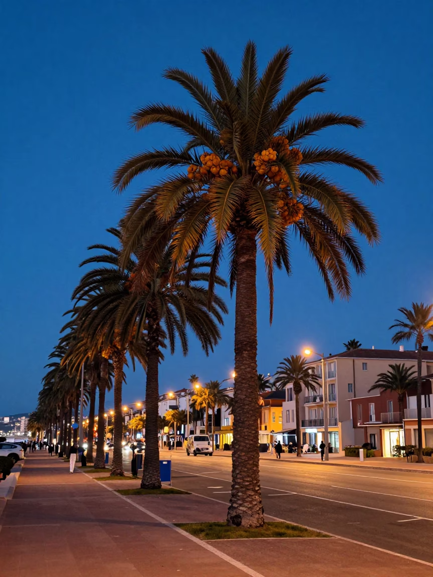 Indigo Twilight Street Scene in Nice France with Palm Trees and City Lights in in Nice, France
