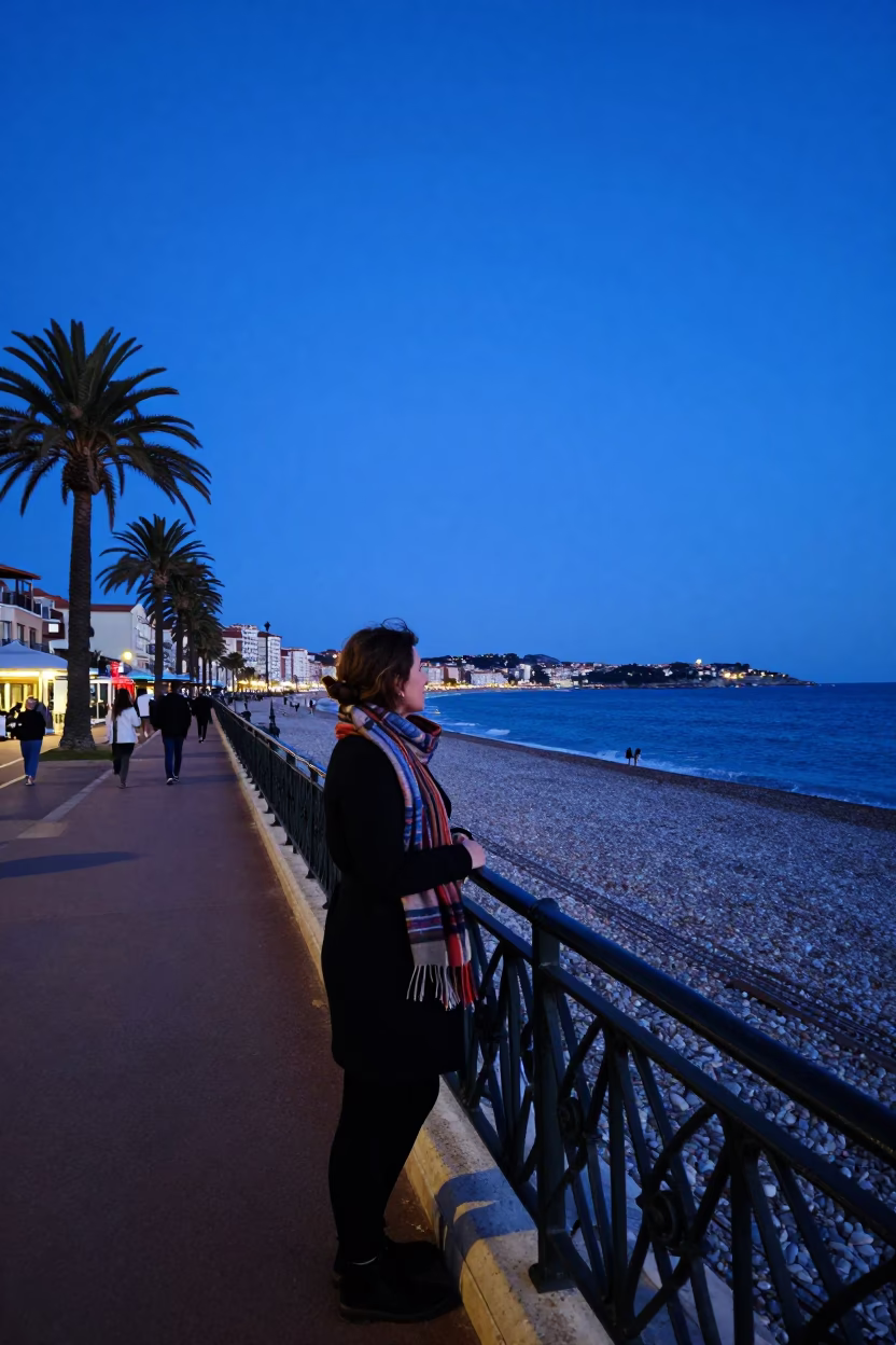 Indigo Twilight Street Scene in Nice France with Scarf and Outdoor Dining in in Nice, France