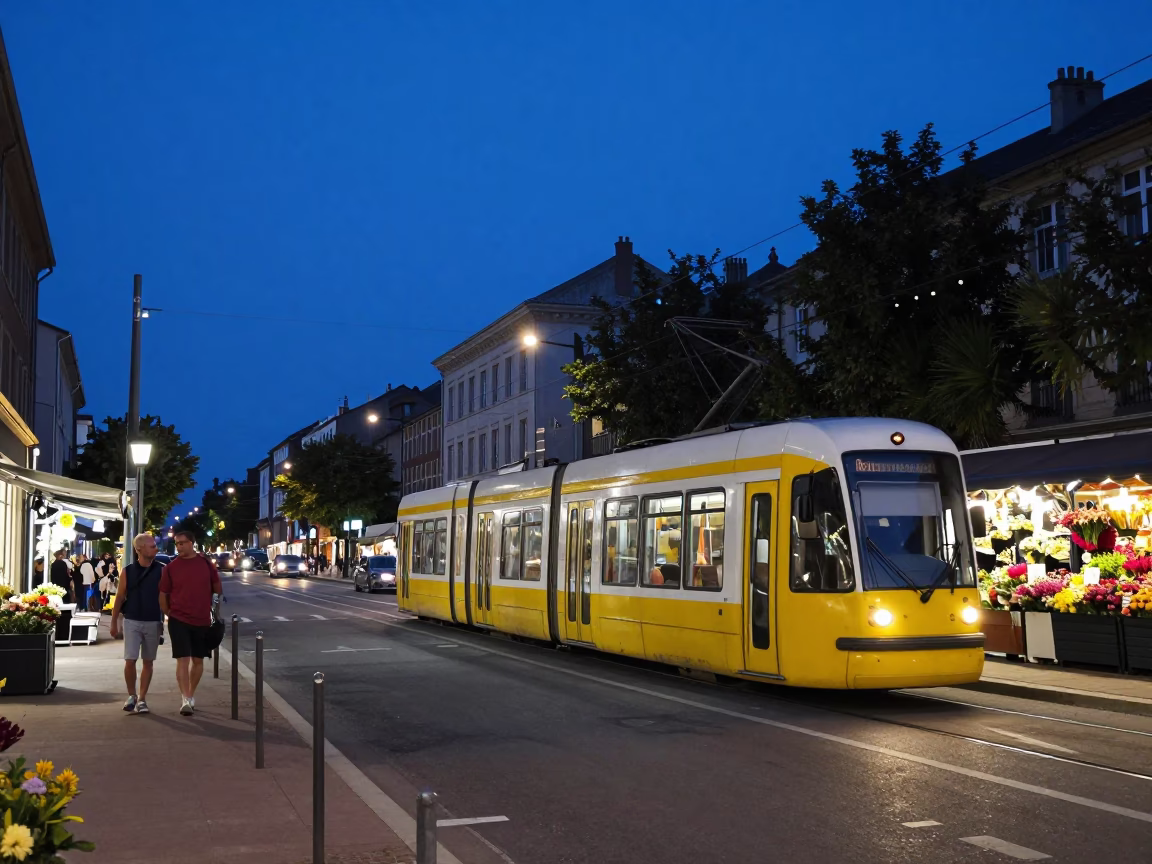 Indigo Twilight Street Scene in Nice France with Tram and Local Dining in in Nice, France