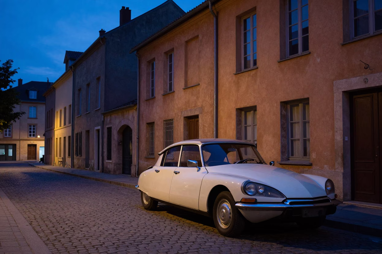 Indigo Twilight Street Scene in Nice France with Vintage 1950s Atmosphere in in Nice, France