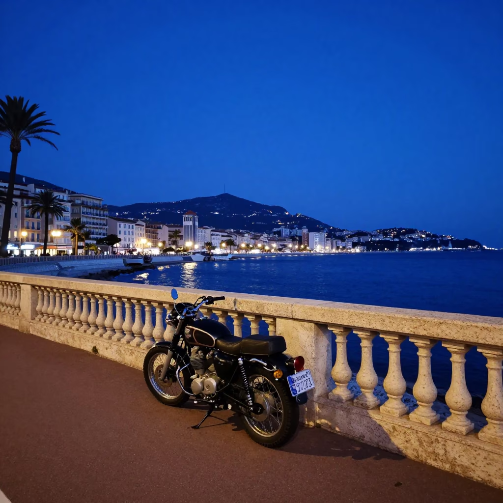 Indigo Twilight Street Scene in Nice France with Vintage Motorcycle and Coastal Highway in in Nice, France
