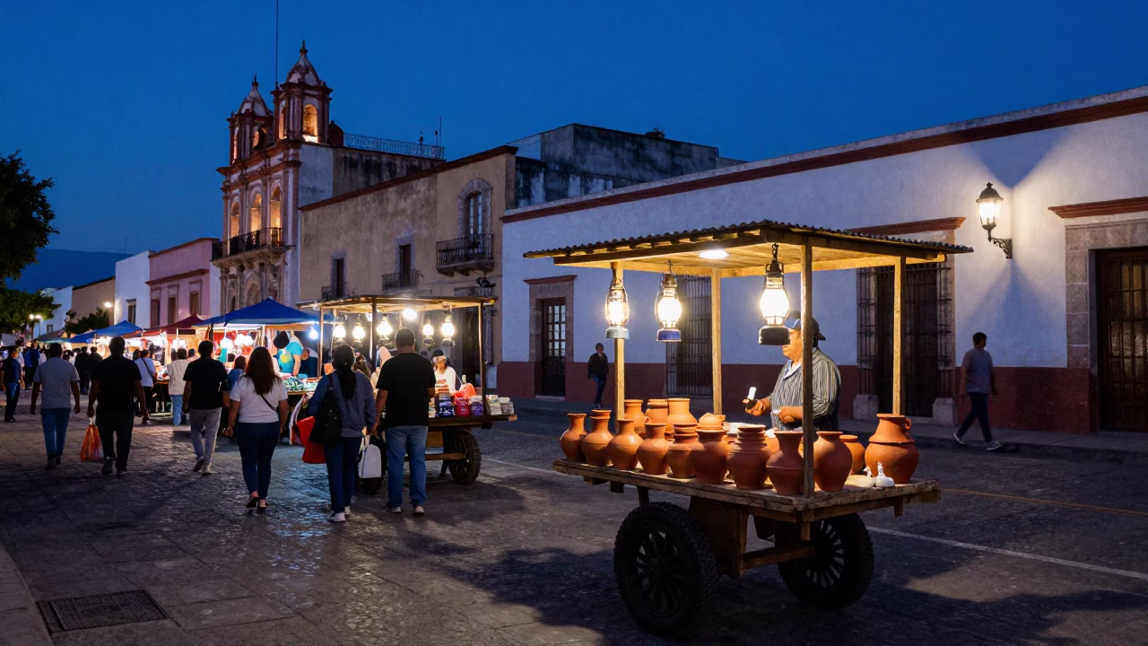 Indigo Twilight Street Scene in Oaxaca Mexico with Local Market Activity in in Oaxaca, Mexico