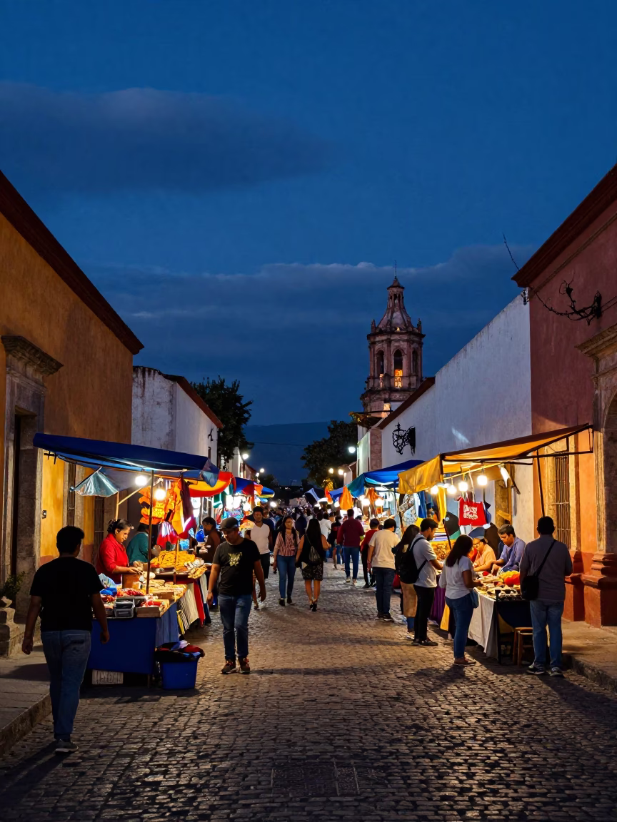 Indigo Twilight Street Scene in Oaxaca Mexico with Local Vendors and Colorful Stalls in in Oaxaca, Mexico