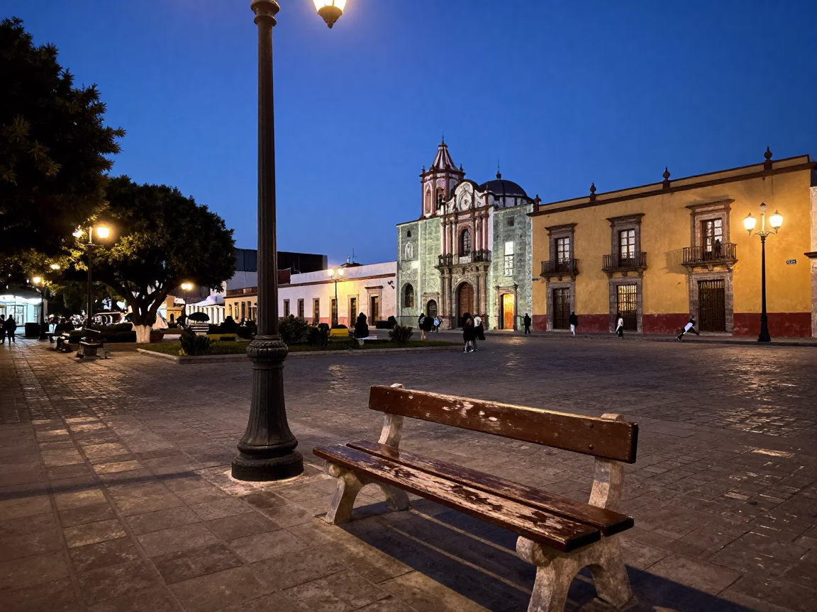 Indigo Twilight Street Scene in Oaxaca Mexico with Park Bench and Lamp Post in in Oaxaca, Mexico