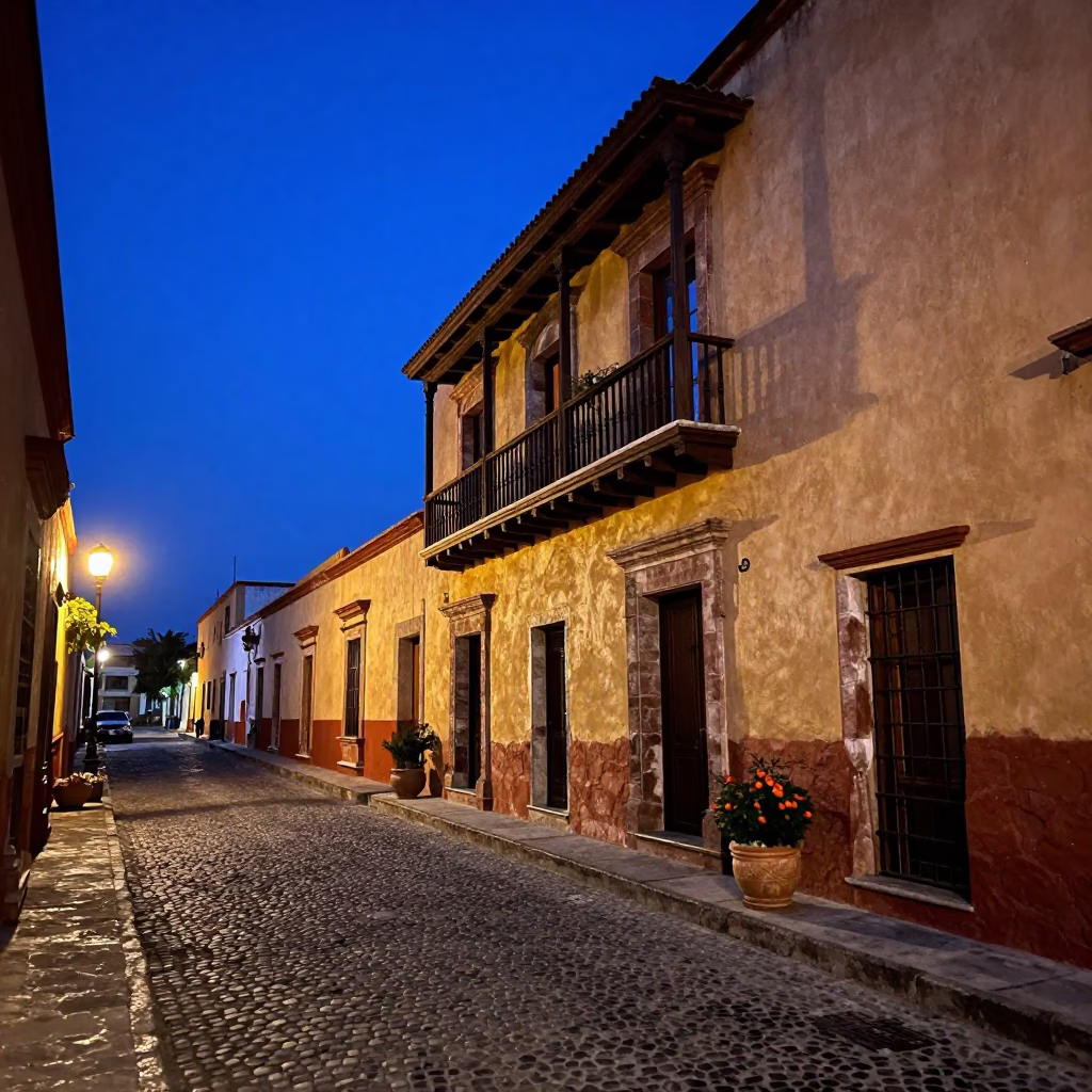 Indigo Twilight Street Scene in Oaxaca Mexico with Persimmons and Flowerpot in in Oaxaca, Mexico