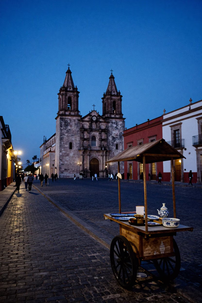 Indigo Twilight Street Scene in Oaxaca Mexico with Porcelain and Metal Details in in Oaxaca, Mexico