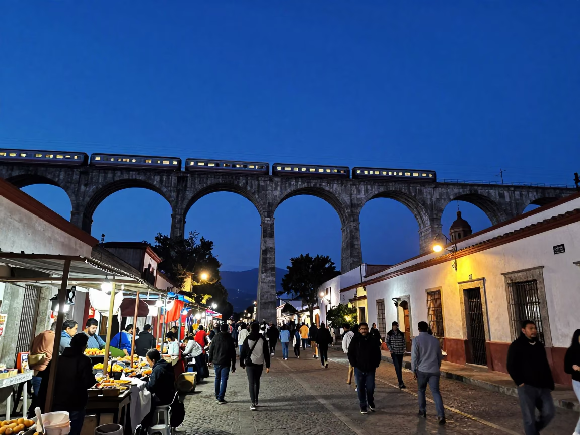 Indigo Twilight Street Scene in Oaxaca Mexico with Railway Viaduct and Local Market Activity in in Oaxaca, Mexico