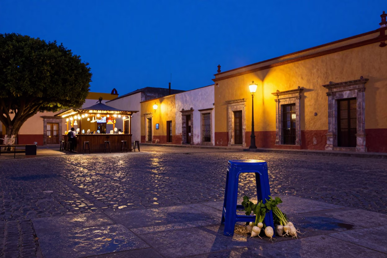 Indigo Twilight Street Scene in Oaxaca Mexico with Stool and Turnips in in Oaxaca, Mexico