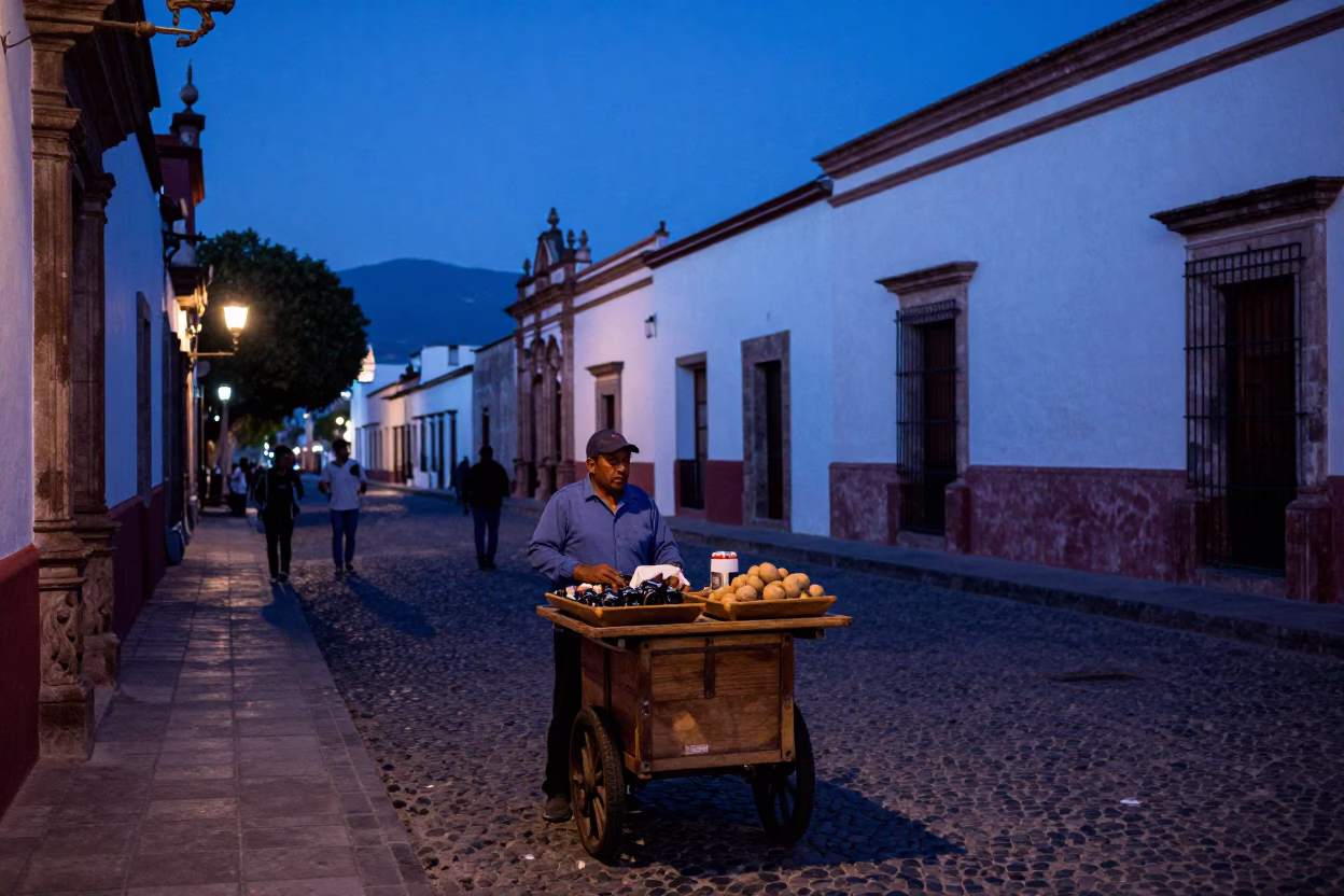 Indigo Twilight Street Scene in Oaxaca Mexico with Wooden Tray of Alfajores in in Oaxaca, Mexico